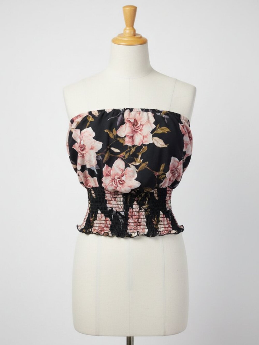 Papaya Midnight Rose Smocked Strapless Tube Top | Black Floral | Size M